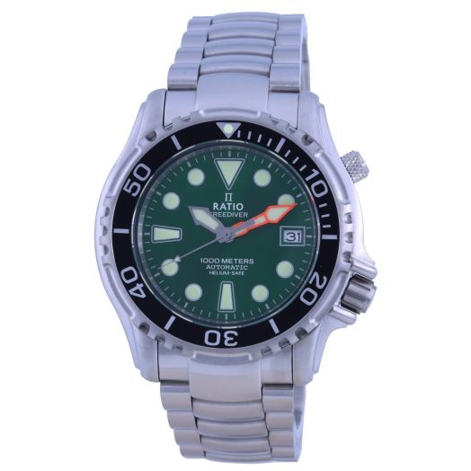 RATIO FreeDiver Dive Watch Sapphire Crystal Stainless Steel Automatic Diver Watch 1000M Water Resistant Diving Watch for Men (Green)