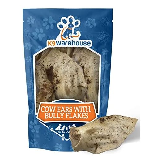 K9warehouse Jumbo Cow Ears Dusted with Bully Sticks for Dogs | 10 Pack | Natural Dog Treats Packed in USA for Small, Medium and Large Dogs | Long Lasting & Rawhide Free for Aggressive Chewers