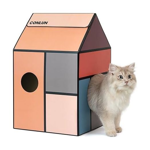 Cardboard Cat House with Cat Scratch Pad&Catnip,Easy-to-Assemble Cat Scratcher Cardboard House for Various Home Decor,Cat Scratching Home Toy for Indoor Cats&Small Animals Birthday