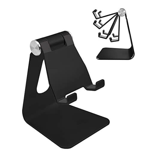 Pokanic Cell Phone Tablet Stand Adjustable Multi-Angle Aluminum Non-Slip Dock Holder Cradle Charger Station Mount Foldable Portable Desktop Organizer Table Kitchen Room Office School (Black)