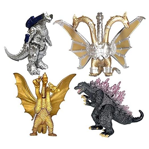 TwCare Set of 4 Godzilla Toys Movable Joint Action Figures King of The Monsters Burning Heisei Mecha Ghidorah Pack Plastic Mini Dinosaur Birthday Kids Cake Toppers Package