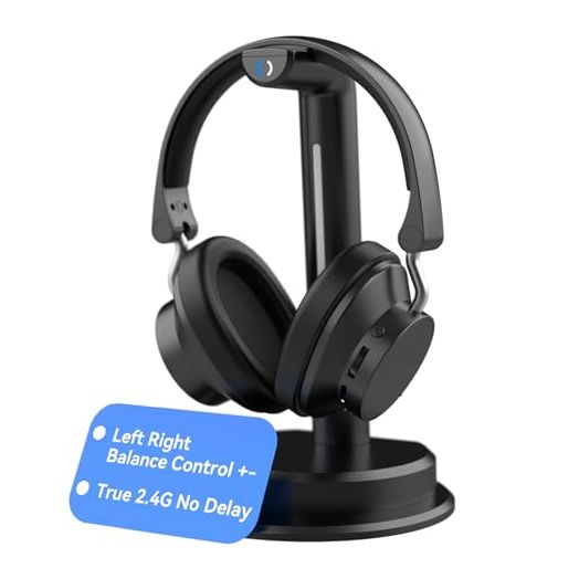 Wireless Headphones for TV Watching w/Balance Control, Digital Optical RCA AUX 2.4GHz Transmitter Charging Dock, Roller Volume Control, 5 Sound Modes, No Audio Lag, Auto Power On