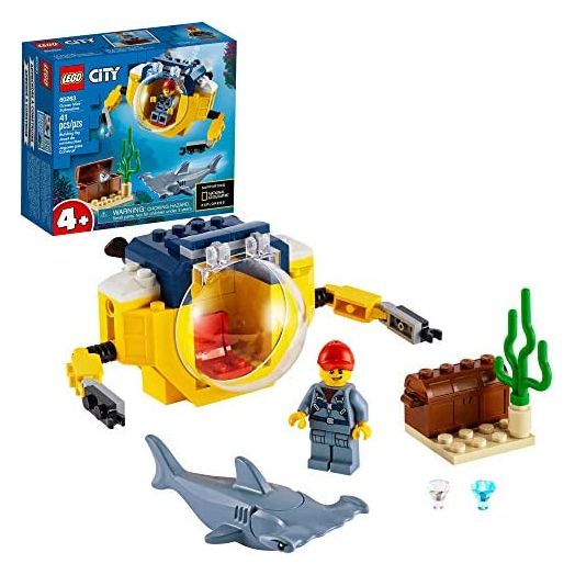 LEGO City Ocean Mini-Submarine 60263, Underwater Playset, Featuring a Toy Submarine, Pirate Treasure Chest, Hammerhead Shark Figure and a Pilot Minifigure, Great Gift for Kids (41 Pieces)