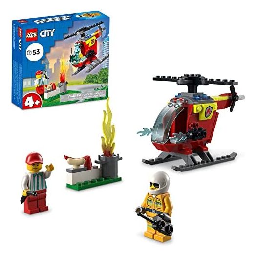 LEGO City Fire Helicopter 60318 Building Kit for Kids Aged 4+; Includes Firefighter and Vendor Minifigures with Accessories, Including Toy Walkie-Talkie, Bread and 2 Hotdog Elements (53 Pieces)
