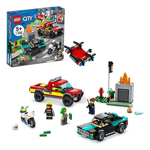 LEGO City Fire Rescue & Police Chase 60319 Building Kit for Ages 5+; with a Fire Pickup with Drone, Police Motorbike, Crook’s Vehicle, Toy Traffic Light and Flames, Plus 3 Minifigures (295 Pieces)