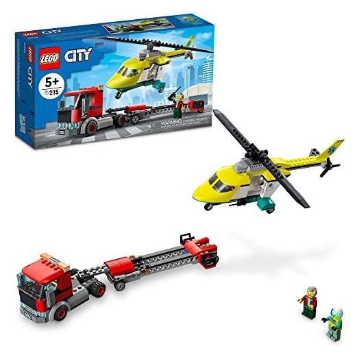 LEGO City Rescue Helicopter Transport 60343 Building Kit for Children Aged 5 and Up, Featuring a Toy Truck with a Helicopter Trailer, Plus Driver and Pilot Minifigures (215 Pieces)