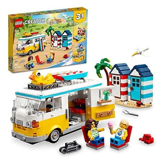 LEGO Creator 3 in 1 Beach Camper Van Building Kit, Transforms from a Campervan to Ice Cream Shop to Beach House, Great Gift for Surfer Boys and Girls, Pretend Play Beach Life, 31138