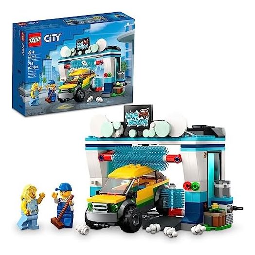 LEGO City Car Wash 60362 Building Toy Set, Fun Gift Idea for Kids Ages 6+, Features Spinnable Washer Brushes and Includes an Automobile and 2 Minifigures