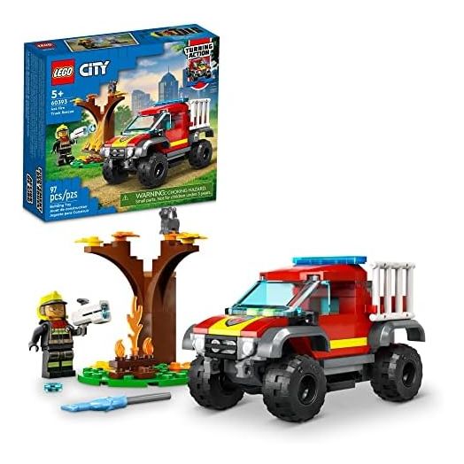 LEGO City 4x4 Fire Engine Rescue Truck 60393, Toy for 5 Plus Year Old Boys & Girls, Set with Water Element Launcher, Firefighter Minifigure and Cat Figure