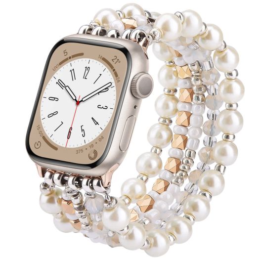 VISOOM Beaded Bracelet Compatible for Apple Watch Band 40mm/38mm/41mm Series 9 8 7 SE Series 6/5/4 Women Fashion Cute Handmade Pearl Stretchy Watch Strap for iWatch Bands Series 3/2/1 Replacement
