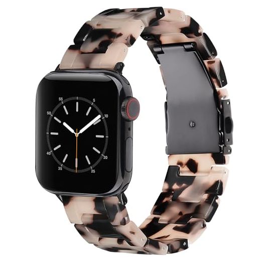 V.R.HOPE Resin Watch Band Compatible with Apple Watch Band for Women 38mm 40mm 41mm Tortoise Metal Buckle Wristband Bracelet Strap for iWatch Series 9 8 7 6 5 4 3 2 1 SE (Black Floral)