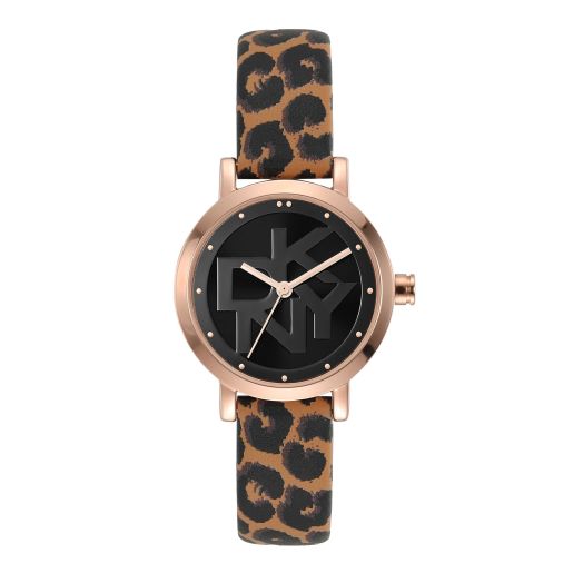DKNY Women's Soho Quartz Metal and Leather Three-Hand Watch, Color: Rose Gold, Leopard (Model: NY6639)