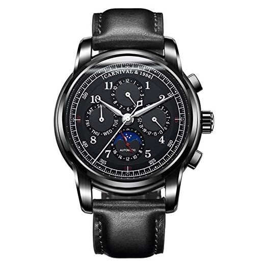 Men's Automatic Mechanical Watch Date Moon Phase 24-Hour Indication Calfskin Leather Transparent Watches