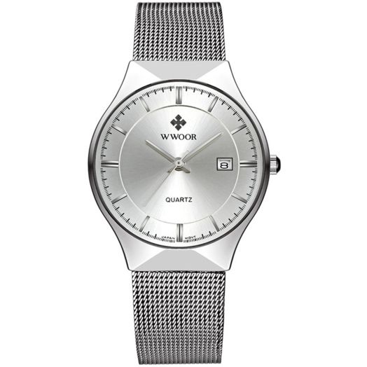 Men New Top Luxury Watch Ultra Thin Stainless Steel Mesh Band Quartz Wristwatch Fashion casual watches (White)