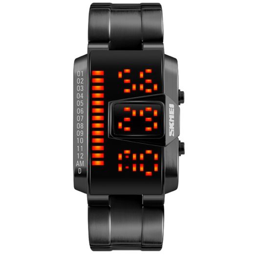 Gosasa Mens Design Binary Watches Unique Led Sports Watch Waterproof Creative Stainless Steel Watches for Men (Black)
