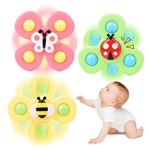 Suction Cup Spinner Toy for Baby, 3PCS Spinner Sensory Toys for Toddlers 1-3 Cartoon Baby Bath Toys 6 to 12 Months Kids Birthday Gift for Baby High Chair/Bathing/Dining Table/Travelling (Colorful)