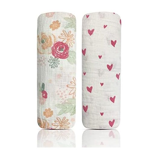 MODERN BABY Muslin Swaddle Blankets Newborn 2 Pack Soft Baby Wraps for Baby Girl 100% Cotton, Peach Floral