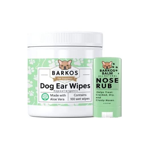Barkos Pet Supplies Dog Ear Cleaner Wipes + Nose Balm for Dogs | Bulldog, French Bulldog, Pug, English Bulldog | Cleans & Soothes Ears, Wrinkles, Folds, Tear Stain