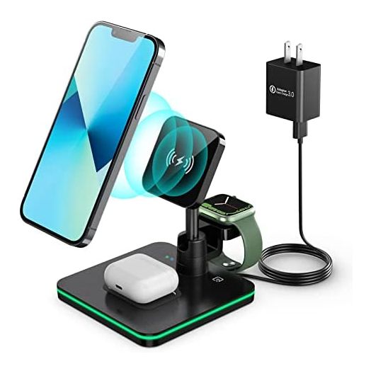 Magnetic Wireless Charger 3-in-1, Foldable Mag-Safe Charger Stand for iPhone 13, 12, Pro, Pro Max, Mini, Airpods Pro/3/2, and Apple Watch, 15W Fast Wireless Charging Stand/Pad for Multiple Devices