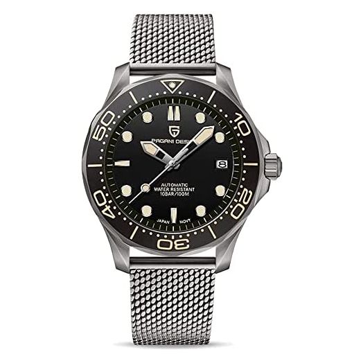 Pagani Design 007-Model Automatic Diving Watches for Men Japan Movement, Stainless Steel Band, Rotating Ceramic Bezel, Sapphire Domed Mirror, Waterproof Mechancial Self Winding Wrist Watch
