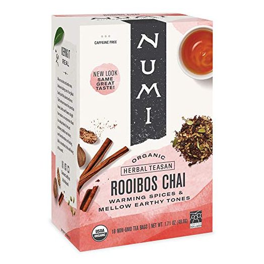 Numi Organic Tea Rooibos Chai, 18 Count Box of Tea Bags, Herbal Teasan, Caffeine-Free (Packaging May Vary)