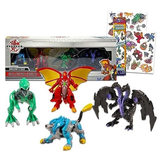 Bakugan Action Figures 4 Pack - Bundle with 4 Bakugan Collector Figurines Plus Temporary Tattoos for Boys | Bakugan Party Supplies