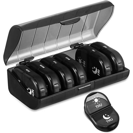 Fullicon Pill Organizer 2 Times a Day, Weekly Pill Box AM PM, Removable Medicine Organizer, Pill Cases Twice a Day - (Black)