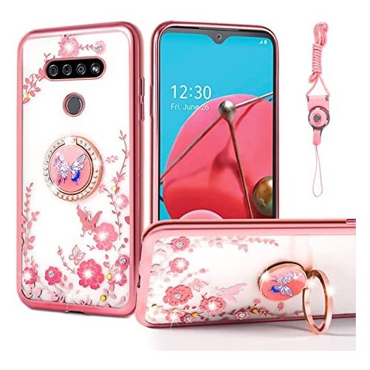 for LG K51 Case, nancheng Phone Case for LG Reflect Cute Soft Silicone Pink Cover for Girls Women with Diamond Ring Kickstand Shockproof Drop Protection Case for LG K51/Q51/Reflect - Rose Butterfly