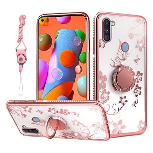 for Samsung A11 Phone Case, nancheng Case for Galaxy A11 Cute TPU Soft Slim Pink Cover for Girls Women with Ring Stand Strap Lanyard Shockproof Protective Case for Samsung Galaxy A11 - Rose Butterfly
