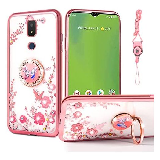 for Cricket Icon 3 Case, nancheng Phone Case Cute Soft Silicone Pink Cover for Girls Women with Ring Kickstand Shockproof Drop Protection Case for At&t Motivate 2/Cricket Splendor - Rose Butterfly