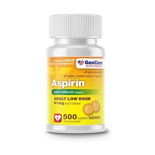 GenCare - Aspirin Pain Reliever (NSAID) 81 mg (500 Coated Tablets) Adult Low Dose | Safe Pain Relief Enteric Coated Aspirin Pills | Muscle Pain & Menstrual Pain Relief | Generic Bayer