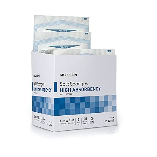 McKesson Split Sponges High Absorbency, 6-Ply Sterile, I.V. and Tracheostomy Dressings, Polyester / Rayon Blend, 4 in x 4 in, 2 Per Pack, 25 Packs, 50 Total