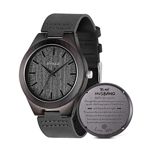 Men Wood Watch, Bymax Handmade Vintage Analog Quartz Wooden Wrist Watches with Leather Strap Band Black