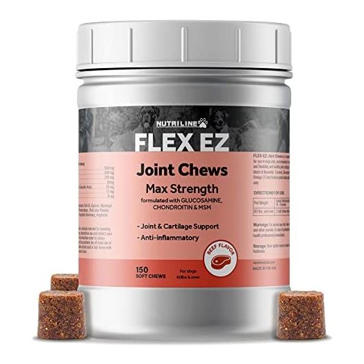 Nutriline Labs Flex EZ Dog Glucosamine Chondroitin Chewable Hip and Joint Supplement for Dogs Chews Treats with MSM and Turmeric