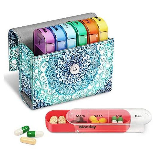 FINPAC Weekly Pill Case 4 Times A Day, PU Leather