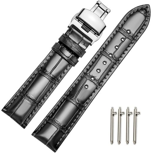Moran Quick Release Leather Watch Bands Deployment Butterfly Buckle 18mm 20mm 22mm 24mm Blue Black Brown Calfskin Replacement Watch Strap for Men & Women