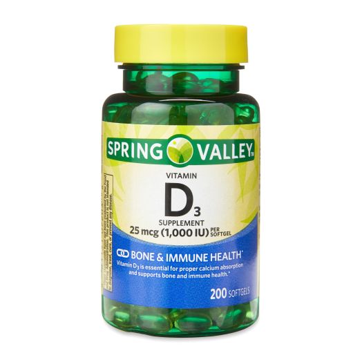 Spring Valley Vitamin D3, 25 mcg (1,000 IU) Softgels, 200 Count