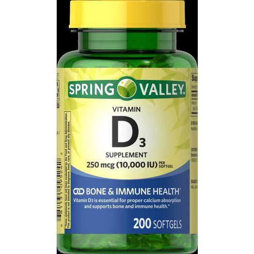 Spring Valley Vitamin D3 Supplement Softgels, 250mcg per Softgel 10,000 IU, 200 count