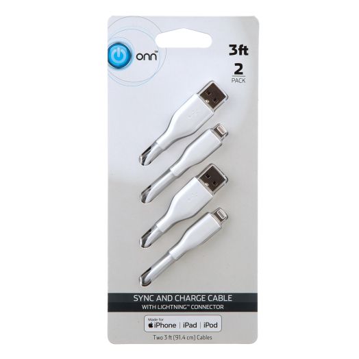 onn. Sync & Charge Cable with Lightning Connector 3', White 2 Pack