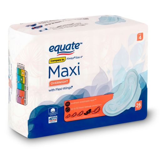 Equate Maxi Pads with Wings, Overnight, Unscented, 26 ct
