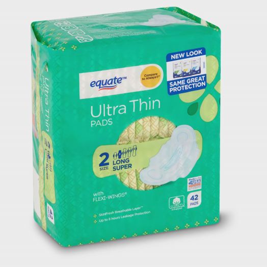 Equate Ultra Thin Pads with Wings, Long Super Absorbency Unscented, 42 ct