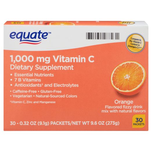Equate 1000 mg Vitamin C Powder Drink Mix Supplement, Orange, 30 Count