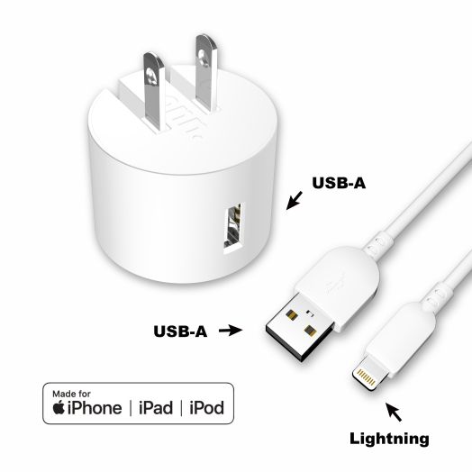 onn. Wall Charging Kit with Lightning to USB Cable, White