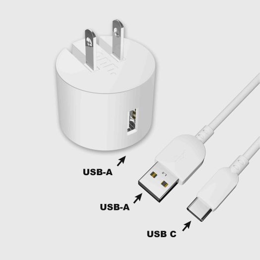 onn. Wall Charging Kit with USB-C to USB Cable, White,cell phone charger,90 degree folding plug,LED power indicator