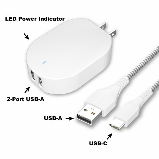 onn. 4.8A Dual-Port Wall Charging Kit with 3ft USB-C to USB Cable ,Compatible for Galaxy S21/S20/S10,Note 20,10 and More, White