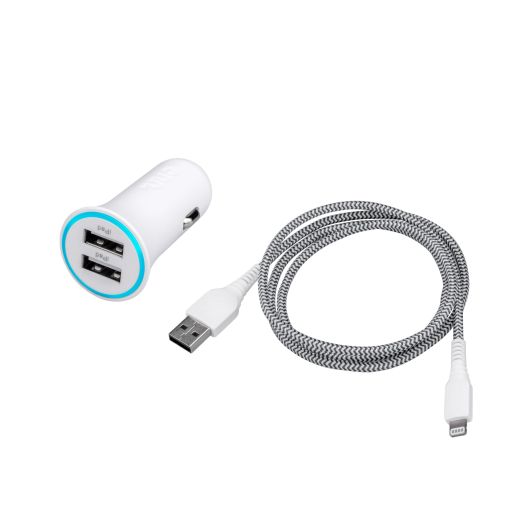 onn. 4.8A Car Charging Kit with 3 Ft Lightning Cable, Dual Port Vehicle Adapter for iPhone, iPad and iPod, White