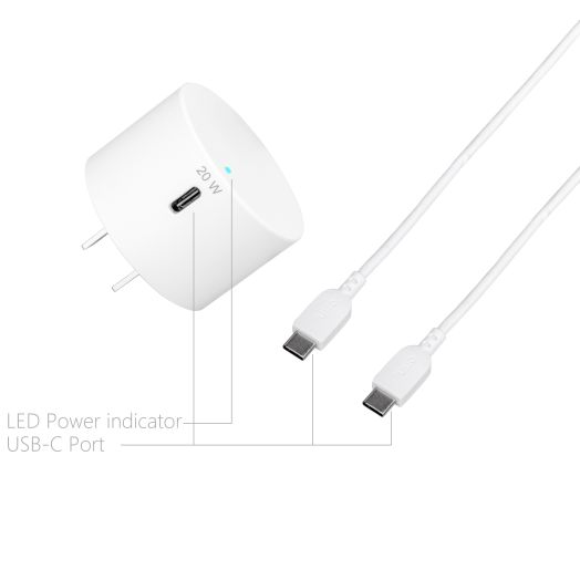 onn. 20W Power Delivery Wall Charging Kit with USB-C Charging Cable, White