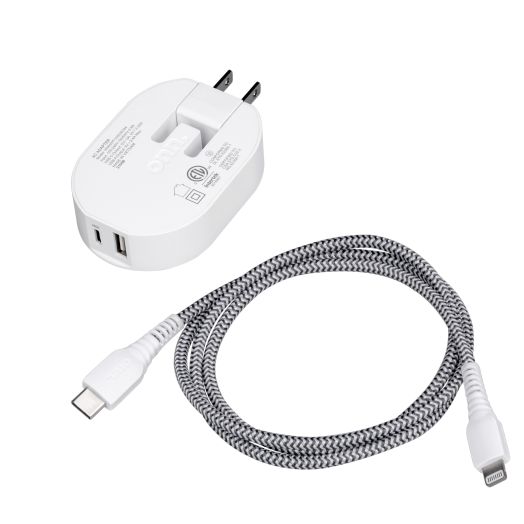 onn. 32W Dual-Port Wall Charging Kit, 20W USB-C Port Fast Charger with Power Delivery; 12W USB Port Standard Charges. USB-C Power Delivery Compatible with iPhone 12, 12 Pro, 12 Pro Max, iPad and More