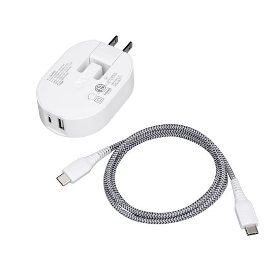 onn. 32W Dual-Port Wall Charging Kit with USB-C Charging Cable, 20W USB-C Port Fast Charger with Power Delivery, 12W USB Port Standard Charges.