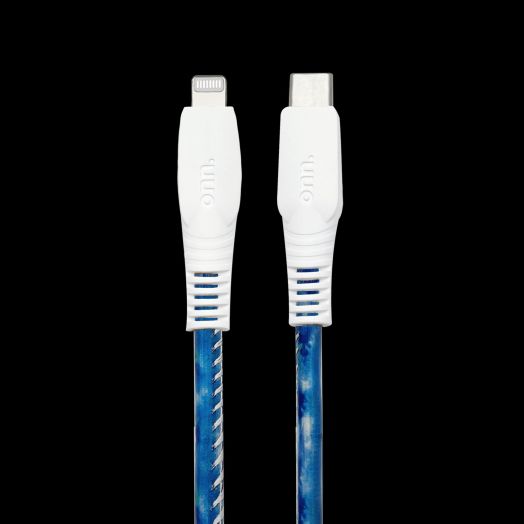 onn. 6' Fashion Cable, USB-C to Lightning Cable with Cable Management, Blue